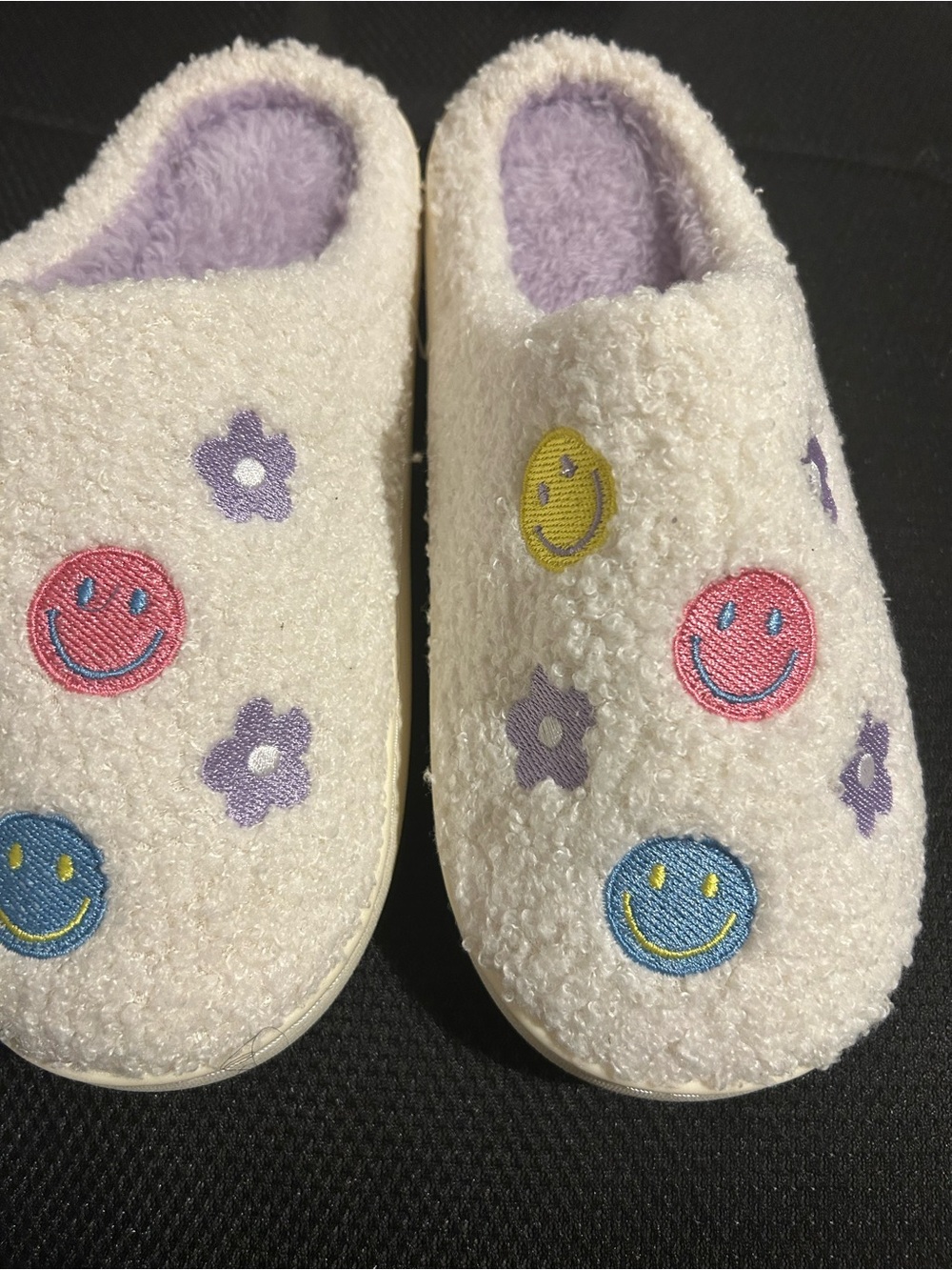 Women Cream Fuzzy Slip-On One Piece Slippers with Colorful Smiley Faces